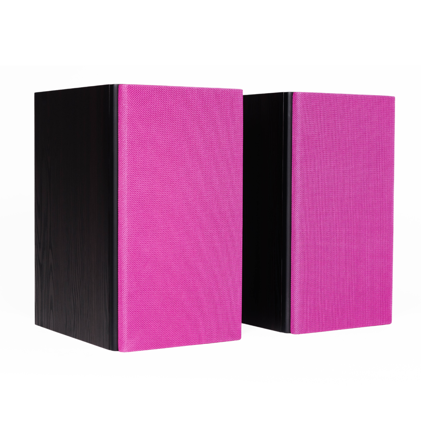 A pair of Encel Gelati Speakers with bright pink textured front panels and black side panels, shown on a plain white background.