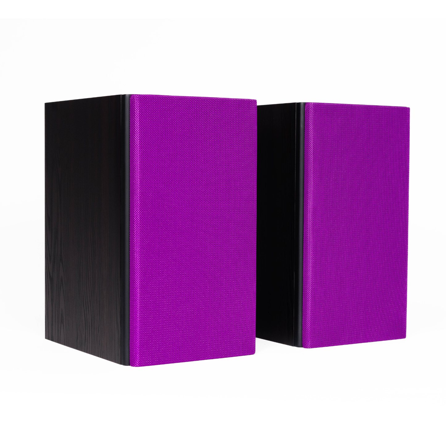Two modern bookshelf speakers with vibrant purple textured fabric fronts and black wood-grain side panels, shown against a plain white background.