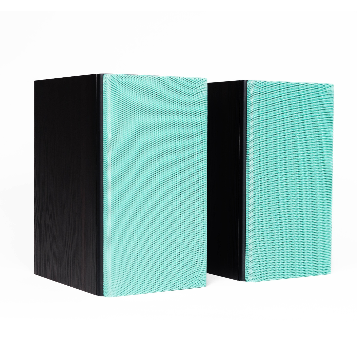 Two rectangular speakers with light aqua blue textured fabric fronts and black wooden side panels, shown on a plain white background.