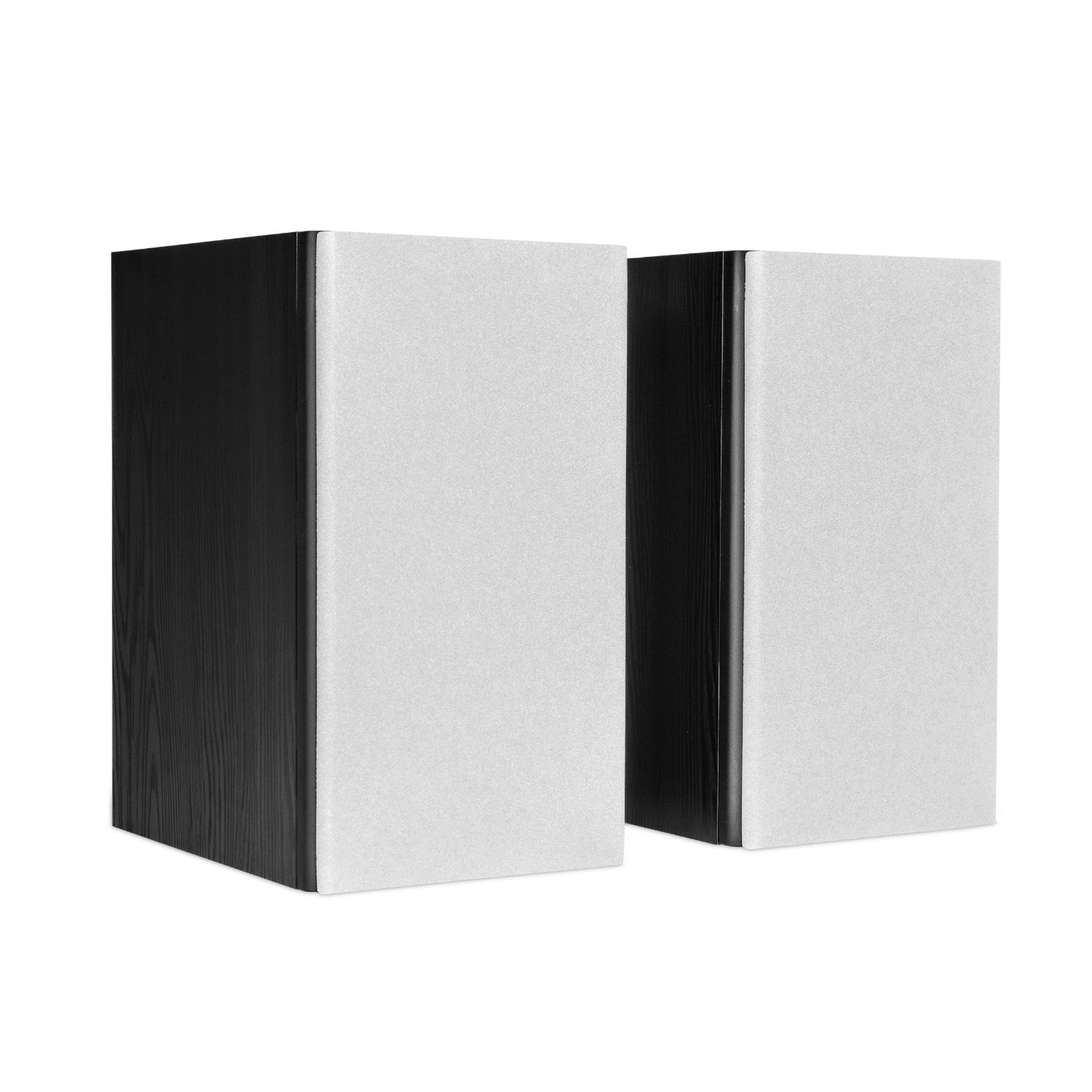 Two Encel Gelati Speakers in black with textured white fronts and dark wood-grain black sides, shown on a plain white background.