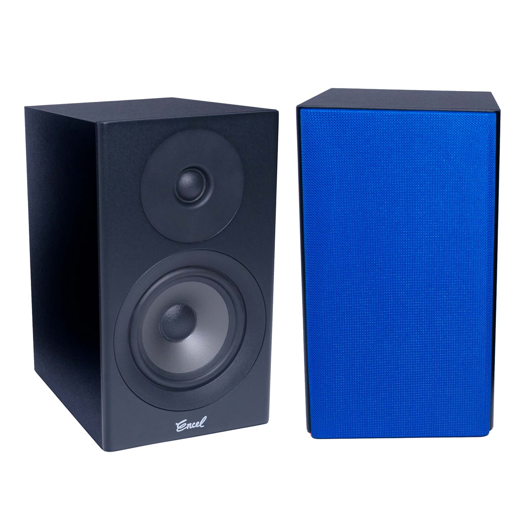 A pair of Encel Raw Gelati speakers, one with a black finish and one with an blue grille.