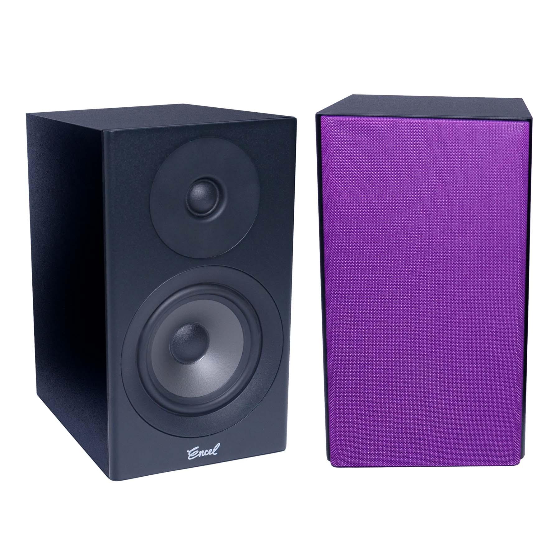 Pair of Encel Raw Gelati Bookshelf Speakers with purple grille and one without