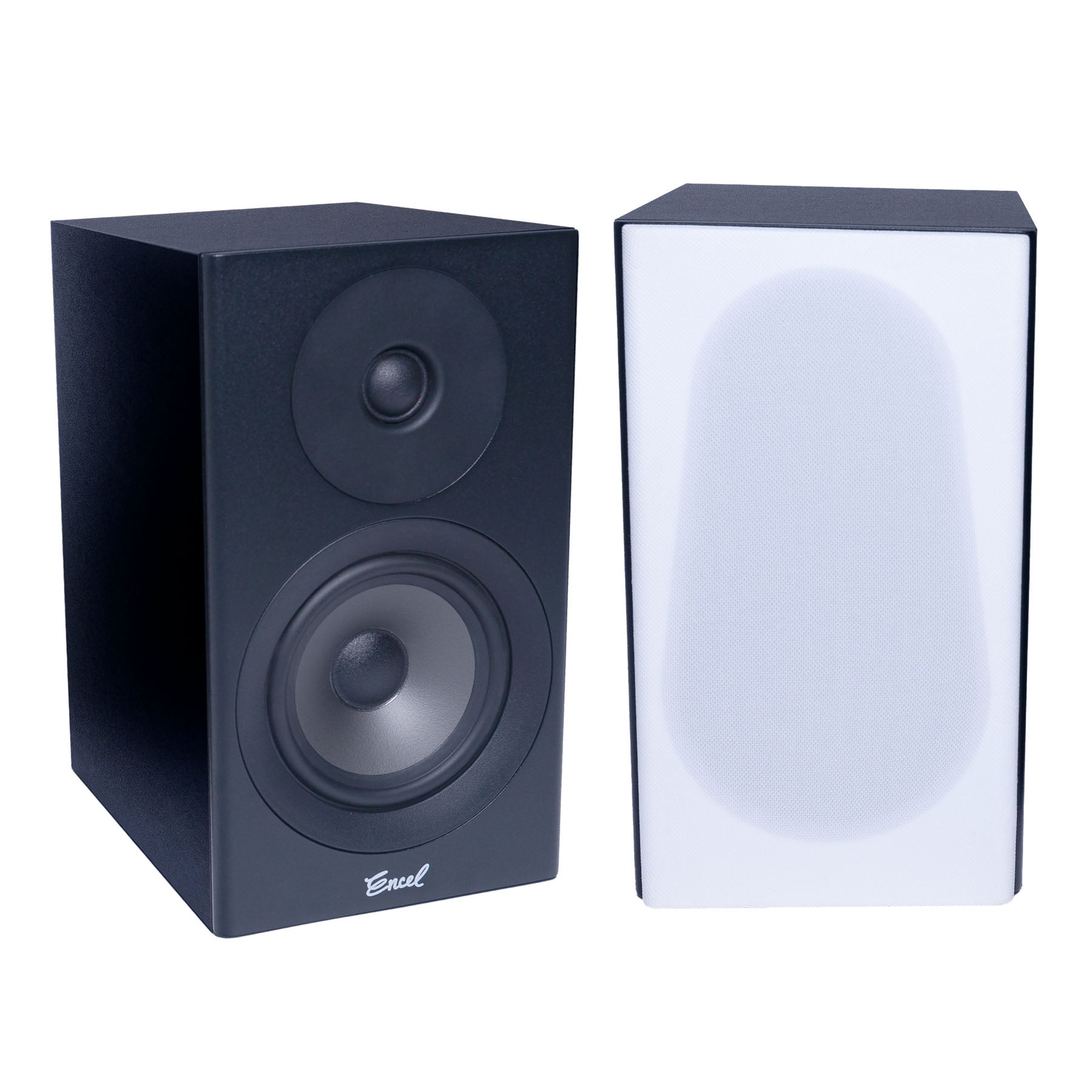 A pair of Encel Raw Gelati speakers, one with a black finish and one with a white grille.