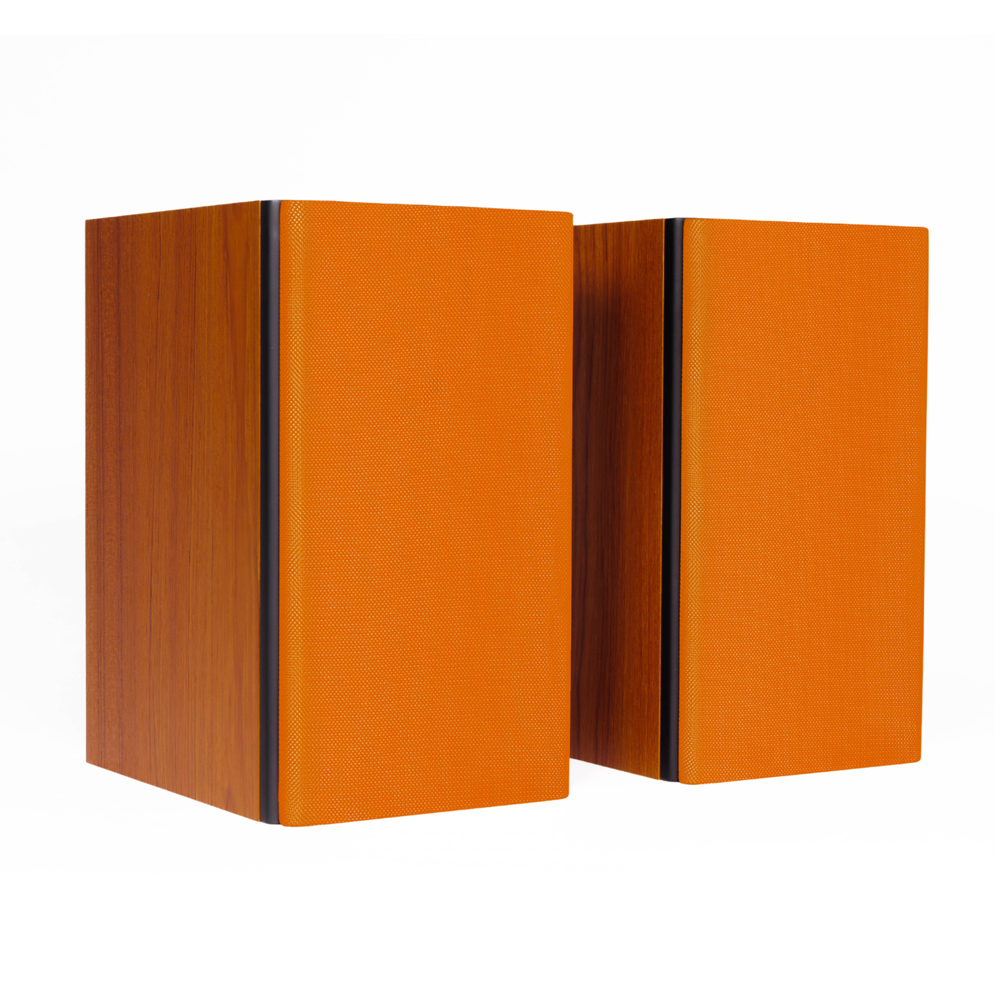 A pair of modern bookshelf speakers with vibrant orange textured fronts and dark wood grain side panels, shown against a solid white background.