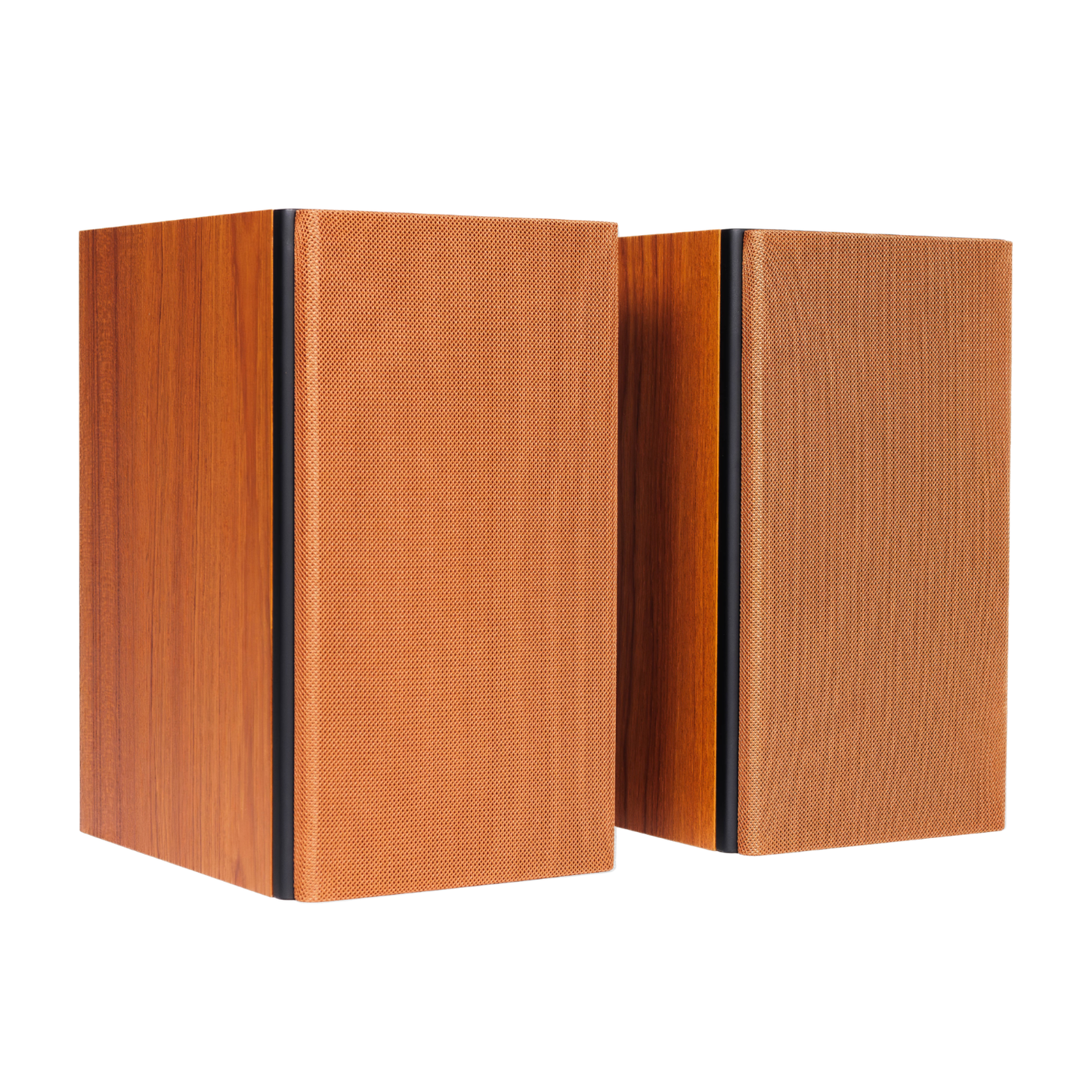 A pair of modern bookshelf speakers with a warm orange-brown wood grain finish and black side trim, shown on a solid white background.