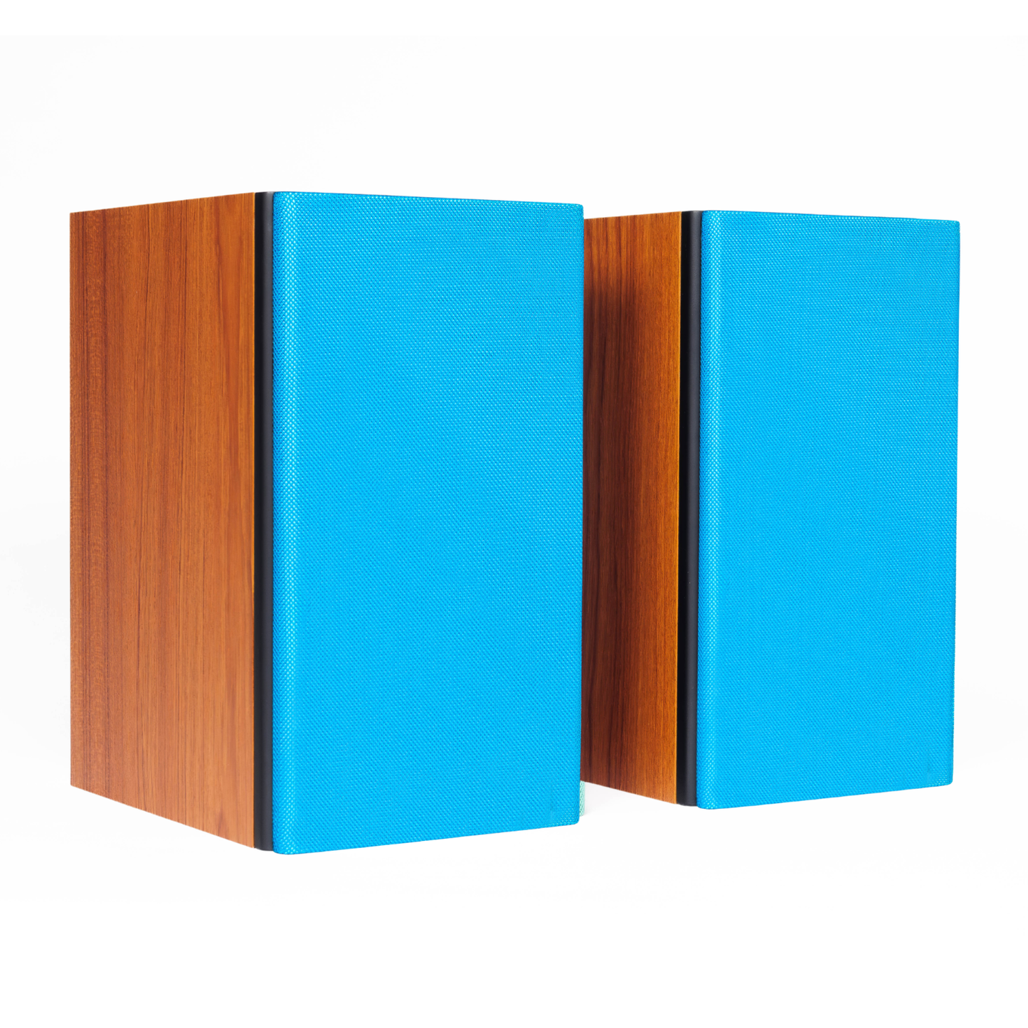 A pair of compact bookshelf speakers with bright blue fabric front panels and warm brown wood-grain side panels, shown on a plain white background.