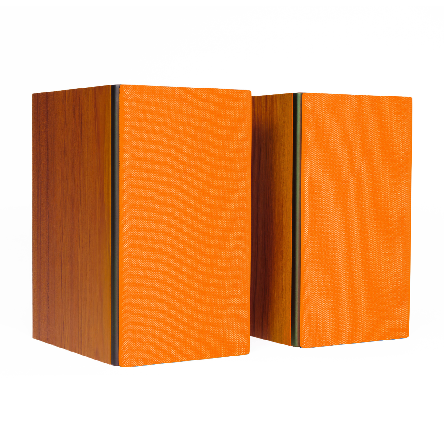A pair of modern bookshelf speakers with bright orange textured fabric fronts and dark wood-grain side panels, shown on a plain white background.