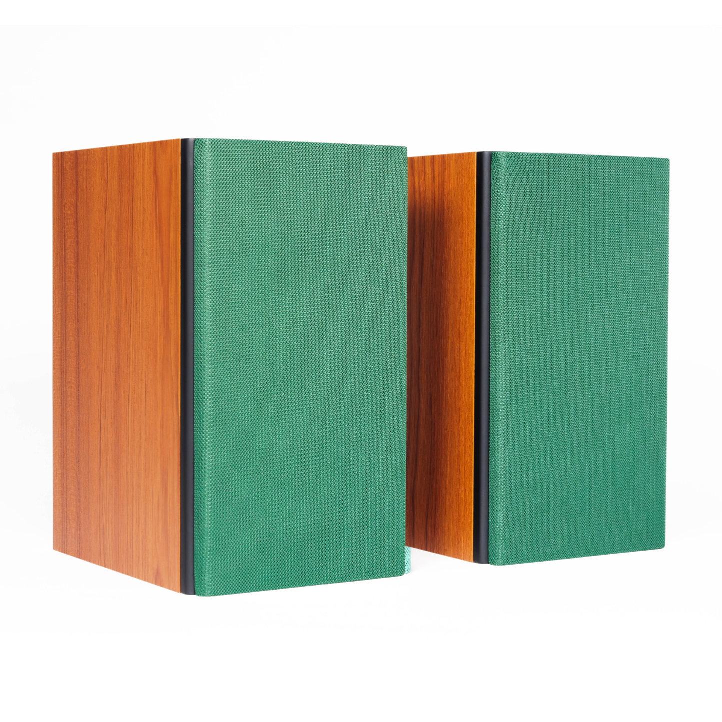 A pair of bookshelf speakers with textured green fabric front panels and warm orange-brown wood side panels, shown on a clean white background.