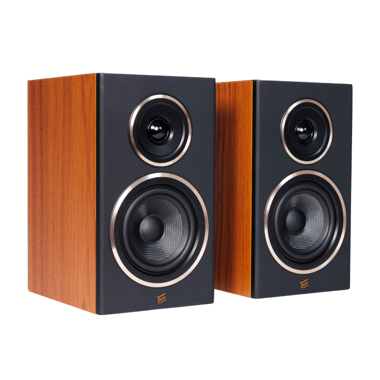A pair of bookshelf speakers with a warm wood-grain finish and black front panels featuring dual drivers and metallic trim, shown on a plain white background.