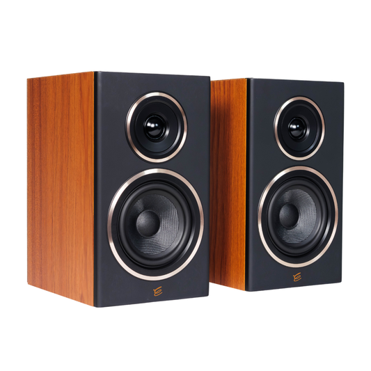 A pair of bookshelf speakers with a warm wood-grain finish and black front panels featuring dual drivers and metallic trim, shown on a plain white background.