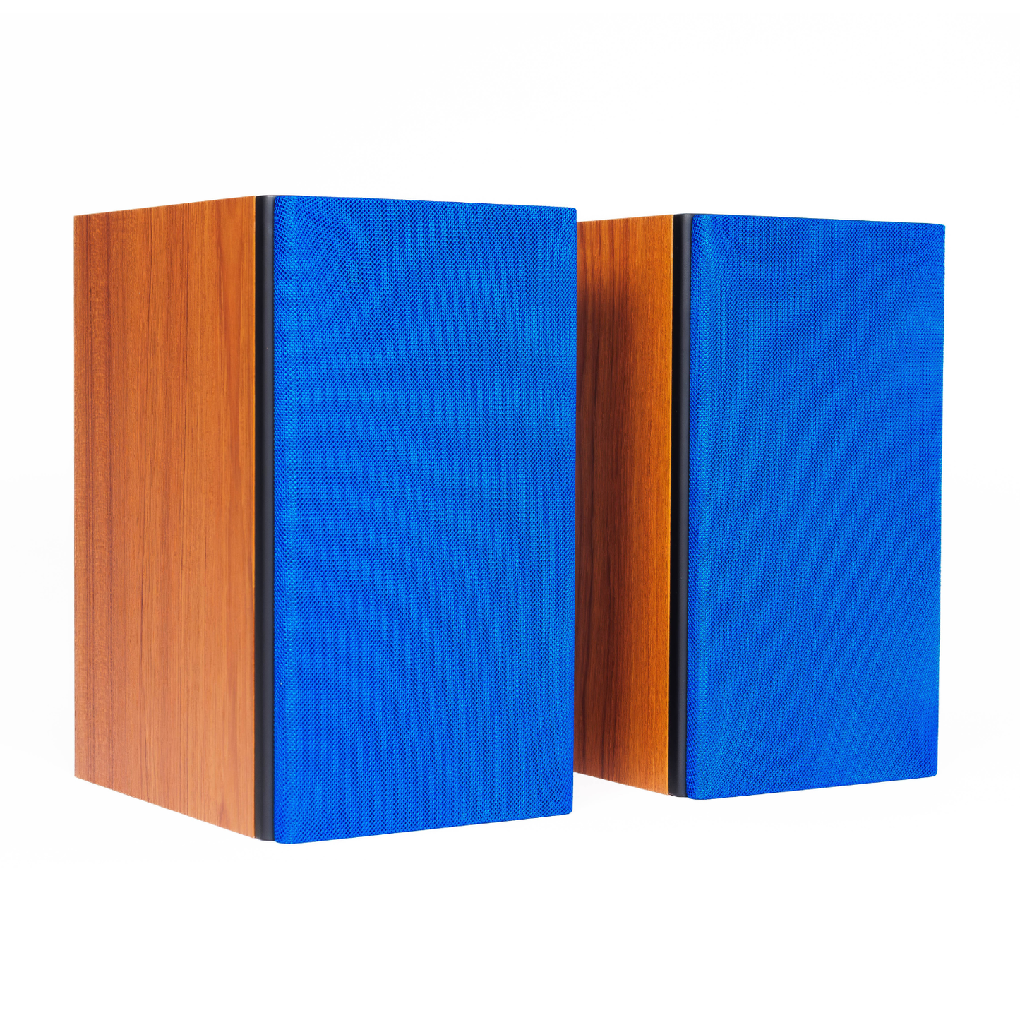 A pair of compact bookshelf speakers with vibrant blue textured fabric fronts and warm brown wood-grain side panels, shown against a solid white background.