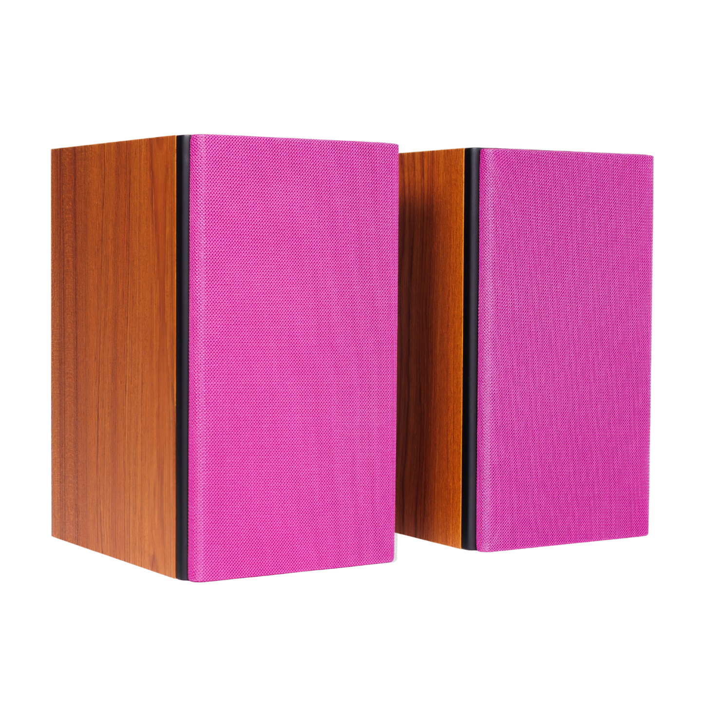 Two rectangular speakers with bright pink textured front panels and reddish-brown wood-grain sides, shown on a plain white background.