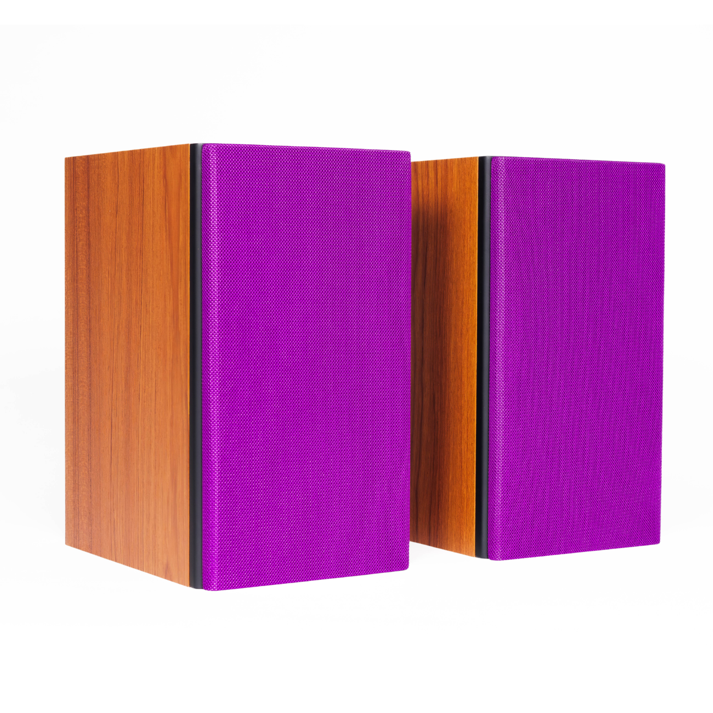 A pair of rectangular speakers with vibrant purple textured front panels and warm orange-brown wood-grain side panels, shown on a clean white background.