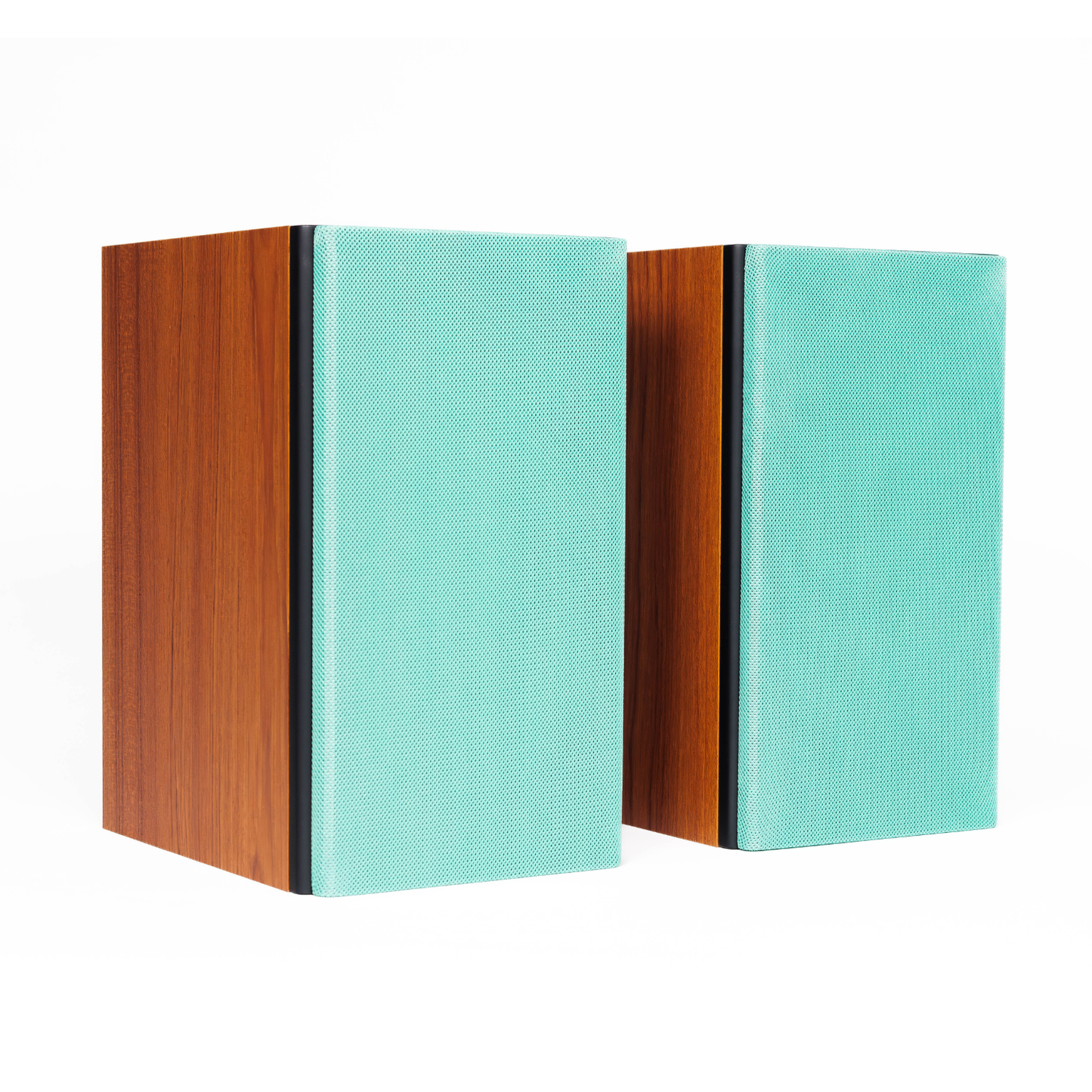A pair of modern bookshelf speakers with light aqua blue fabric grilles and warm brown wood-grain side panels, shown on a clean white background.
