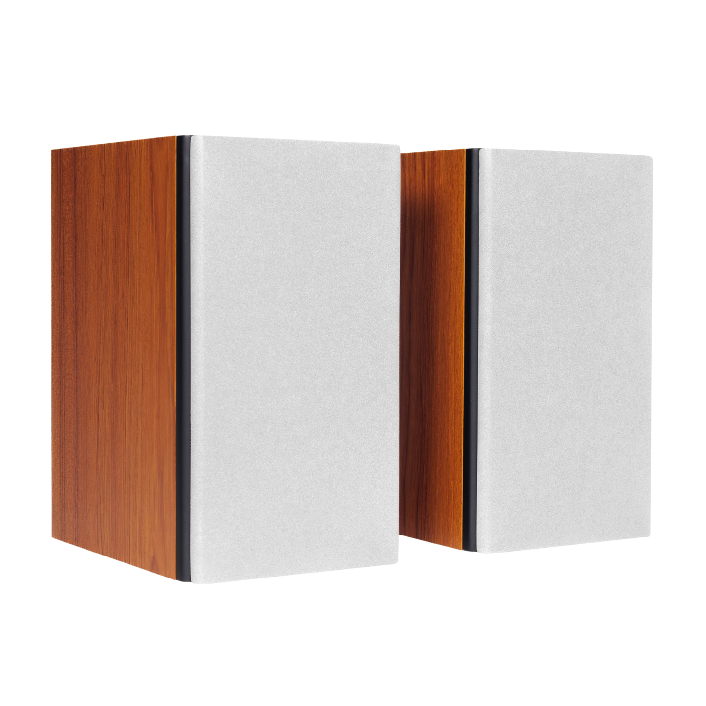 Two modern bookshelf speakers with white fabric front panels and warm brown wood-grain side cabinets, shown on a plain white background.