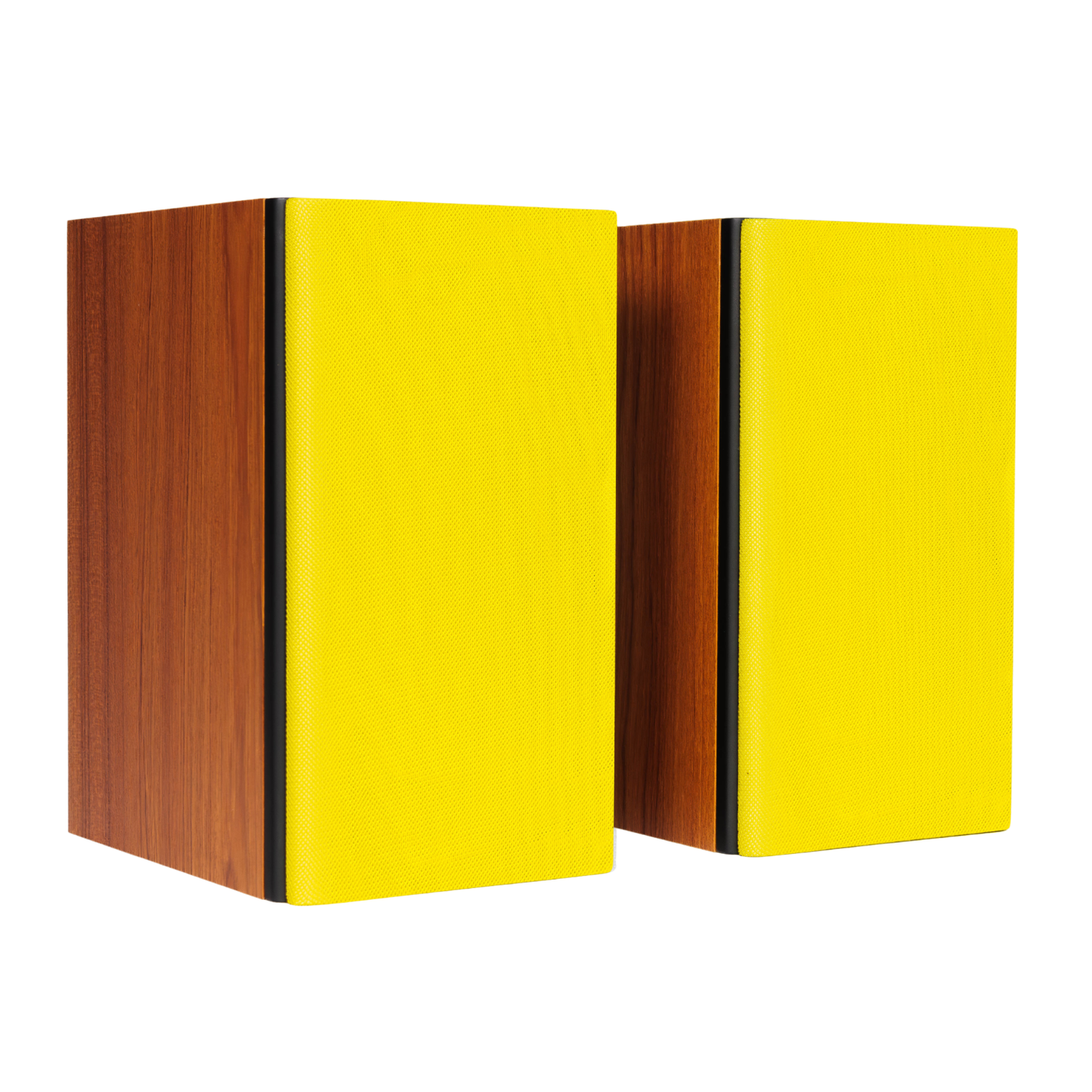 A pair of modern bookshelf speakers featuring bright yellow front panels and warm brown wood-grain side panels, set against a solid white background.