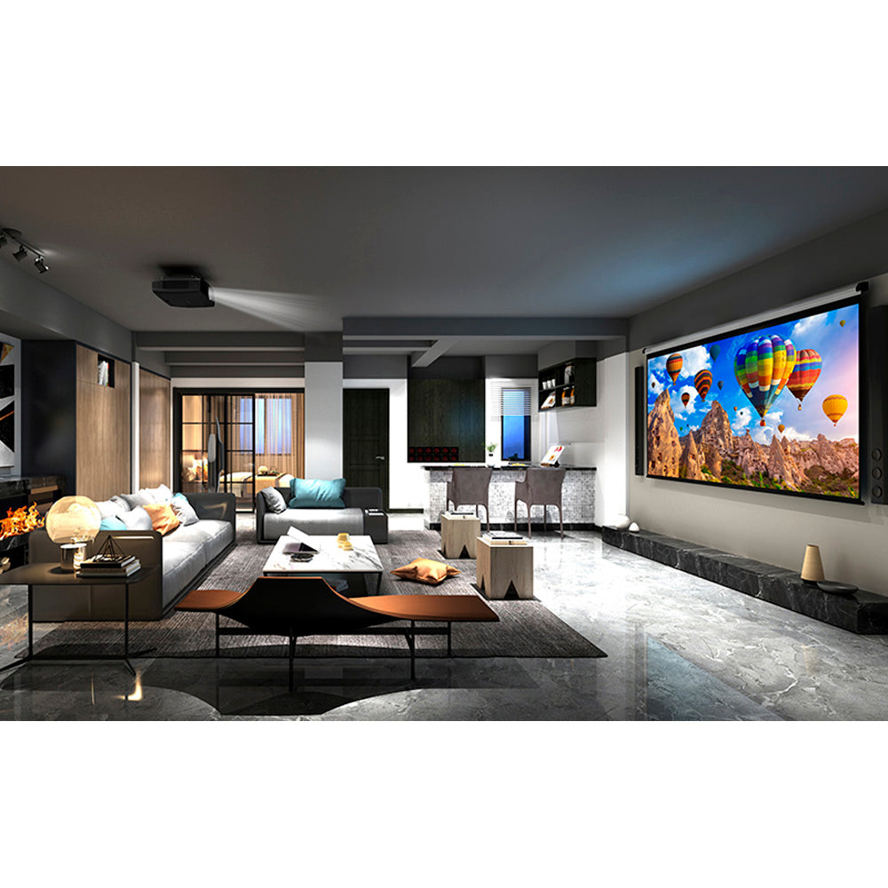 Modern living room with a large screen displaying colorful balloons.