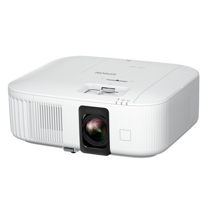 A white Epson projector with a black lens housing, shown at a three-quarter angle on a solid white background.