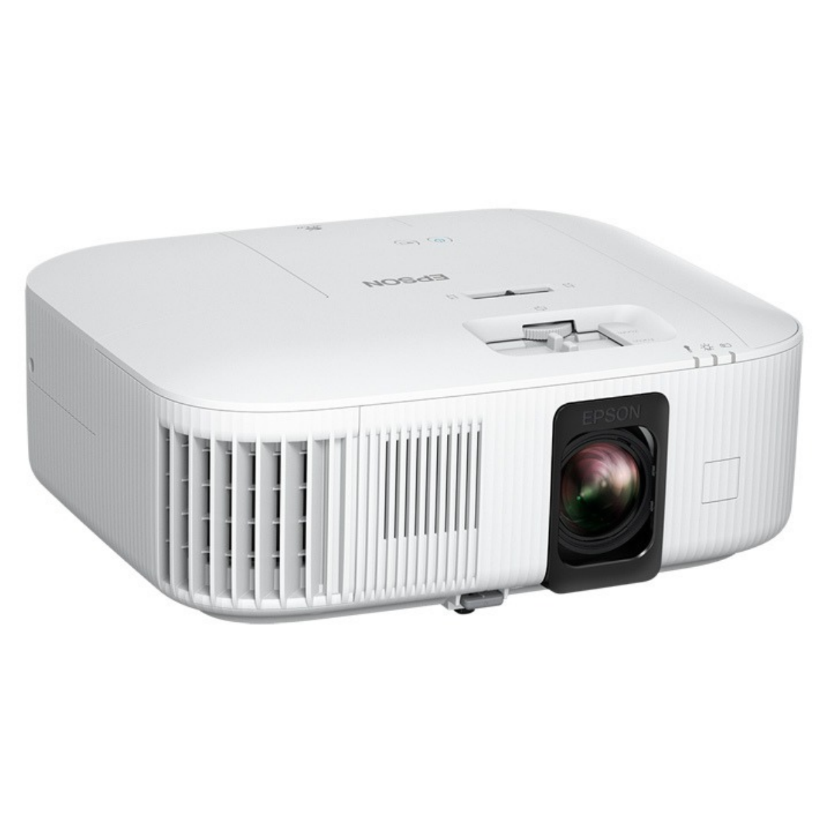 A white Epson projector shown from a three-quarters angle on a solid white background.