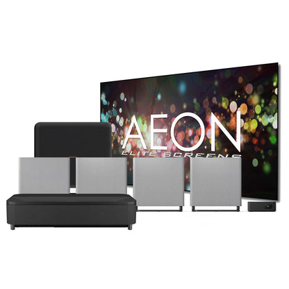 Home theater setup with a screen displaying 'Aeon Elite Screens' logo.