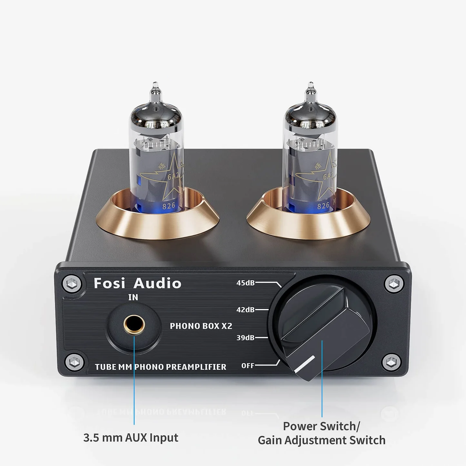 Front view of Fosi Audio Box X2 Tube Phono Preamplifier on white background