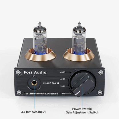 Front view of Fosi Audio Box X2 Tube Phono Preamplifier on white background