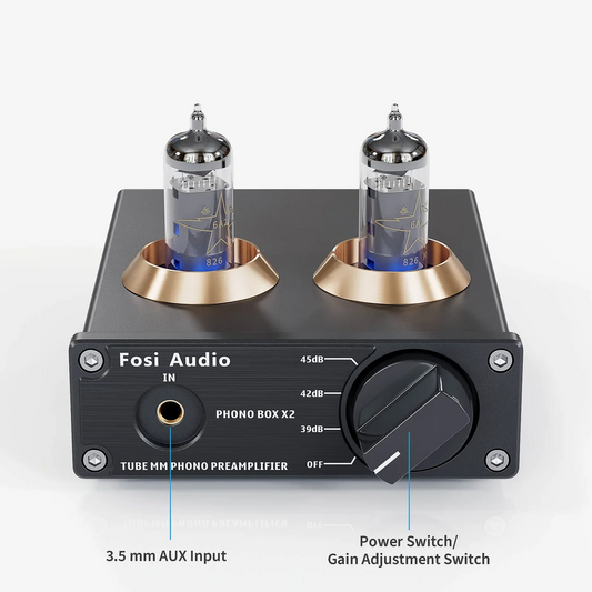 Front view of Fosi Audio Box X2 Tube Phono Preamplifier on white background