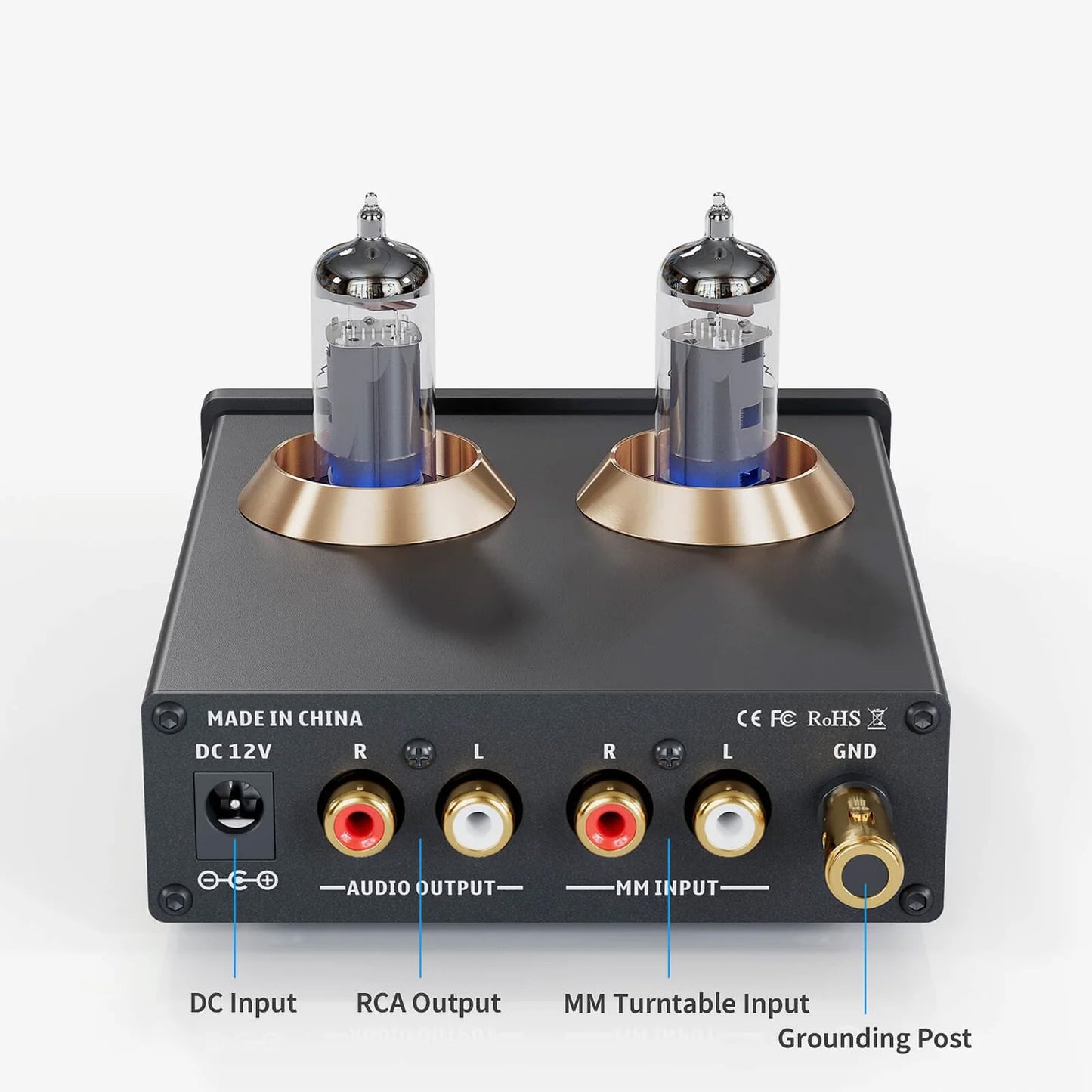 Back of view of Fosi Audio Box X2 Tube Phono Preamplifier on white background