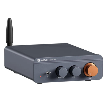 Fosi Audio audio amplifier with knobs and a volume control on a white background