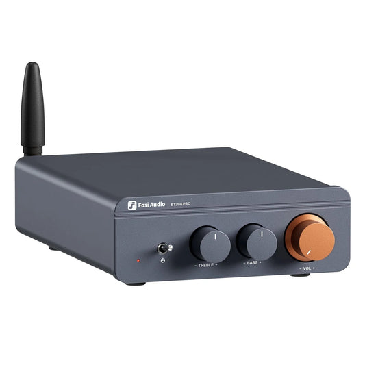 Fosi Audio audio amplifier with knobs and a volume control on a white background
