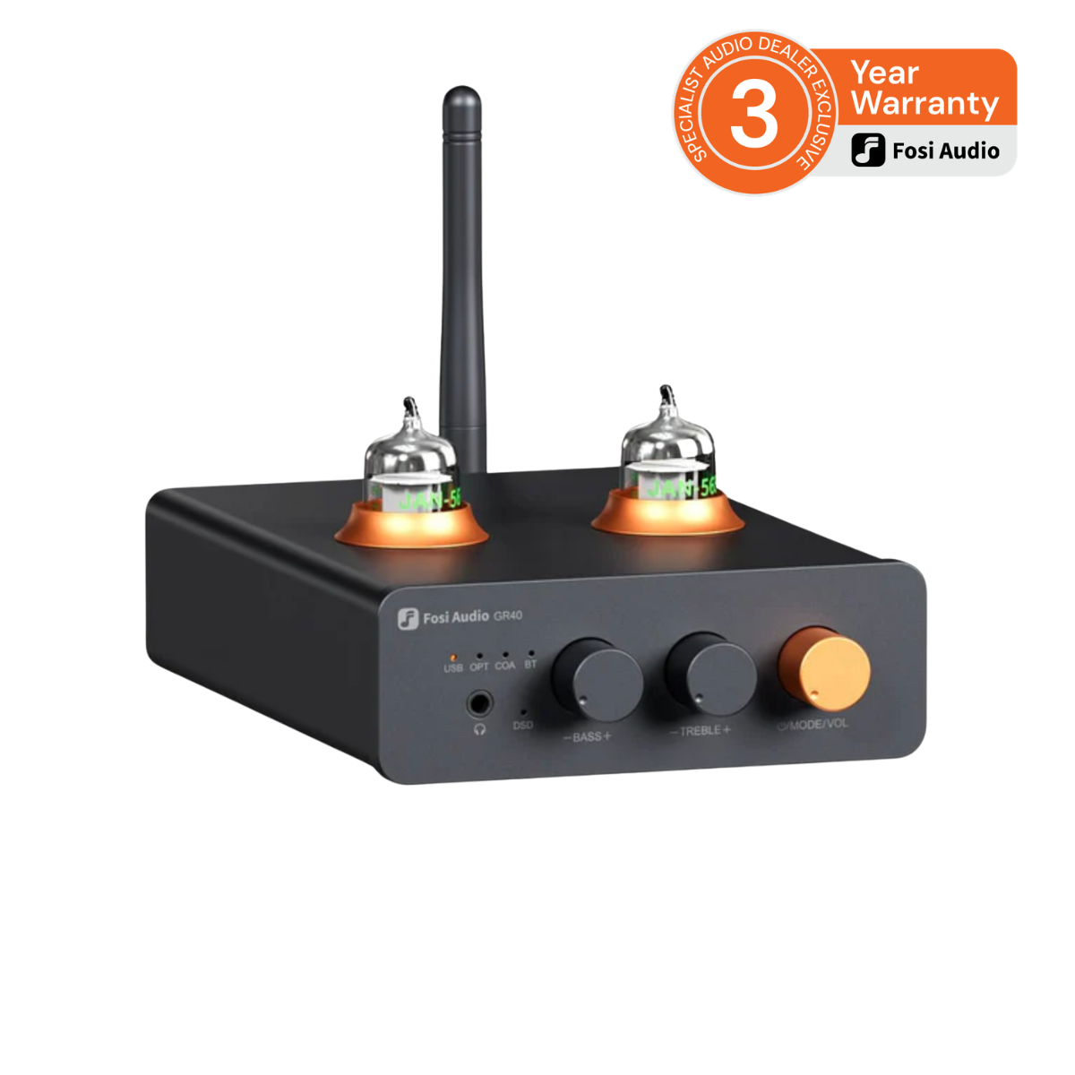 Fosi Audio GR40 Tube DAC Headphone Amp Preamp with 3 year warranty badge