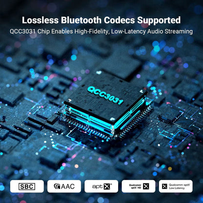 QCC3031 chip on a circuit board with text about lossless Bluetooth codecs and audio streaming capabilities.