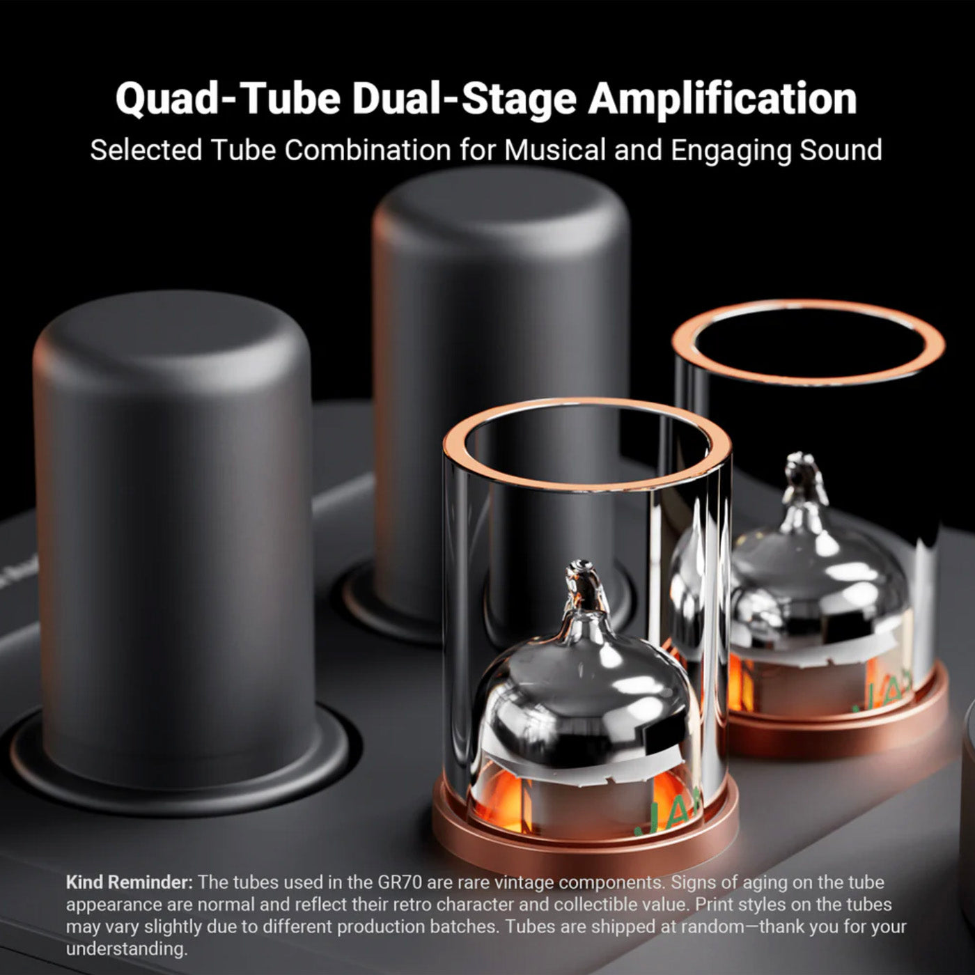 Close up of tubes for the Fosi Audio GR70 Tube Headphone Amp Preamp