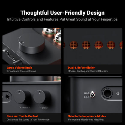 Close up of 4 shots of the Fosi Audio GR70 Tube Headphone Amp Preamp