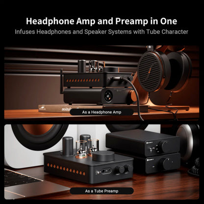 Headphone amp and preamp with headphones on a wooden surface