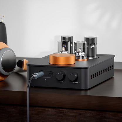 Fosi Audio GR70 Tube Headphone Amp Preamp on timber cabinet