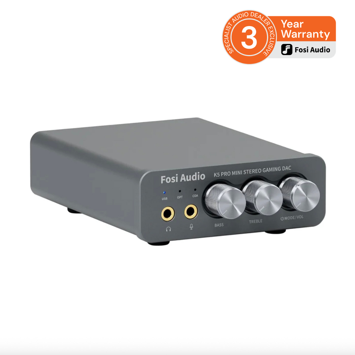 Fosi Audio K5 Pro Gaming DAC Headphone Amplifier with 3 year warranty badge