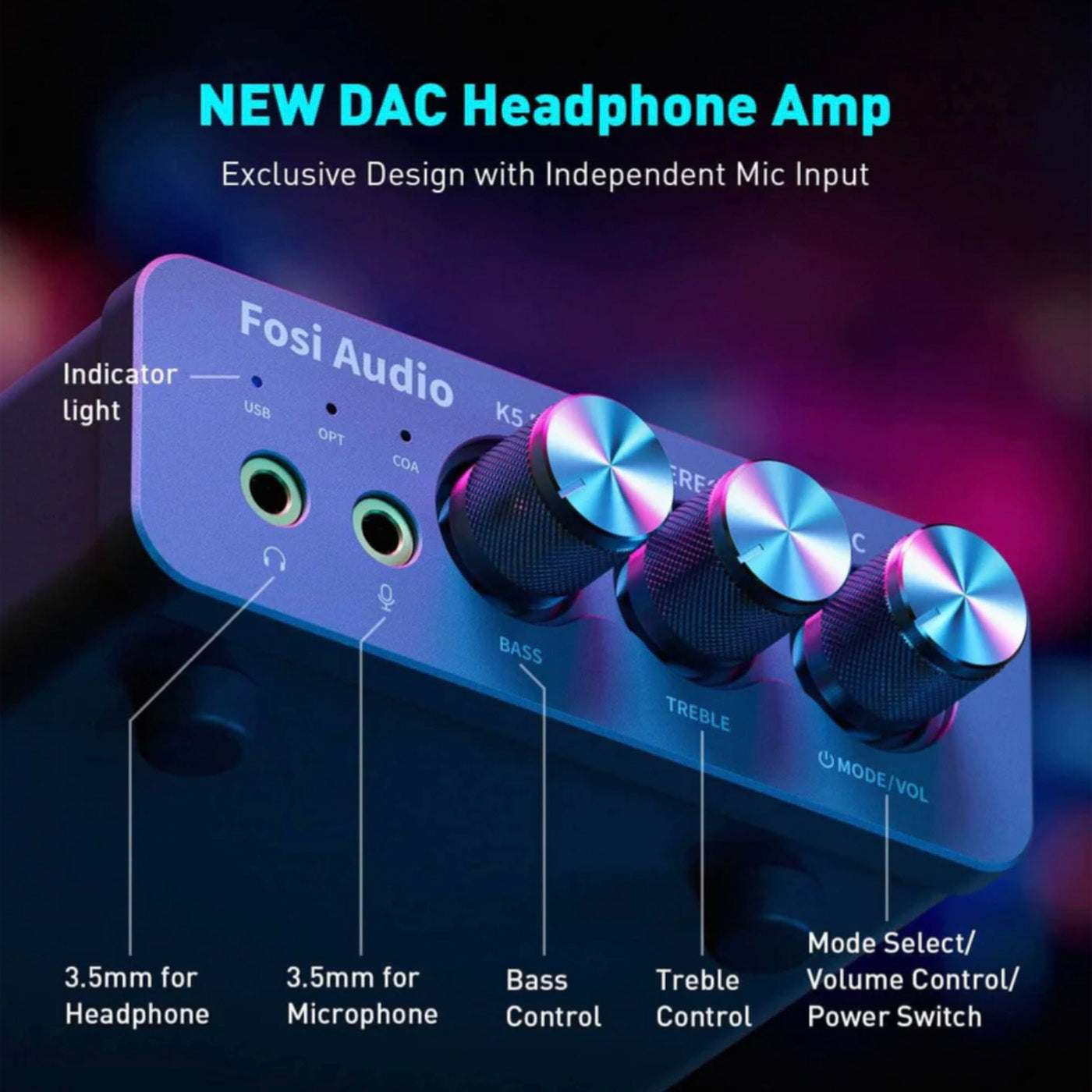 Fosi Audio DAC Headphone Amp with control knobs and input ports on a dark background