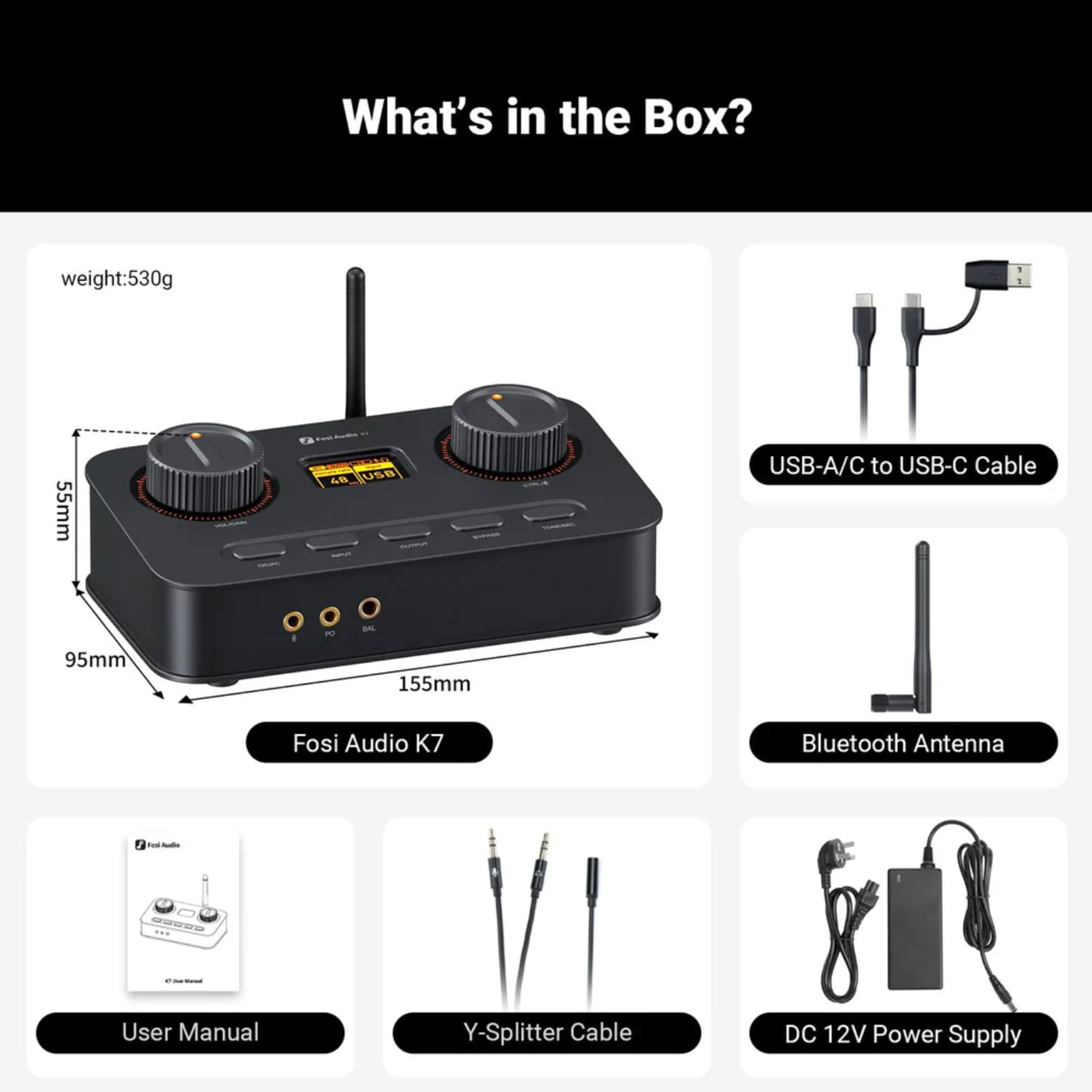 Product packaging list for Fosi Audio K7 with accessories.