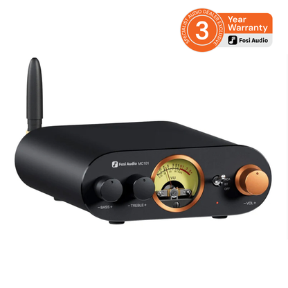 Fosi Audio MC101 wireless audio device in matte black with a gold VU meter face, a copper-toned volume knob, and a black antenna, shown on a white background with a 3-year warranty badge.