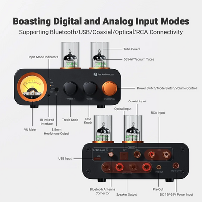 Front and back view of Fosi Audio MC331 Tube Integrated Bluetooth Amp with specs
