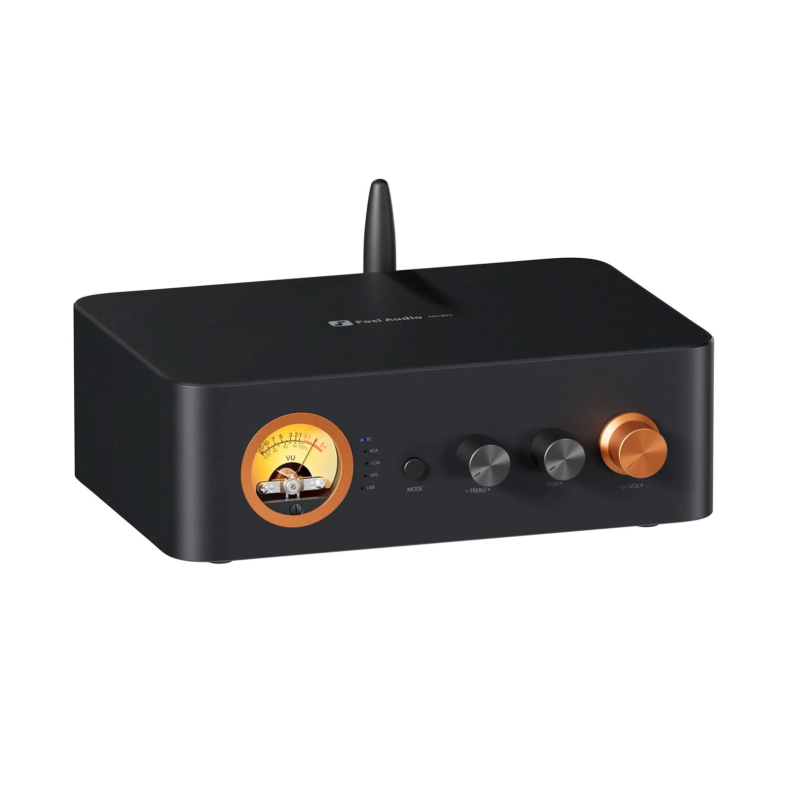 Front angle view of the Fosi Audio MC351 2.1 Channel Integrated Amplifier on white background