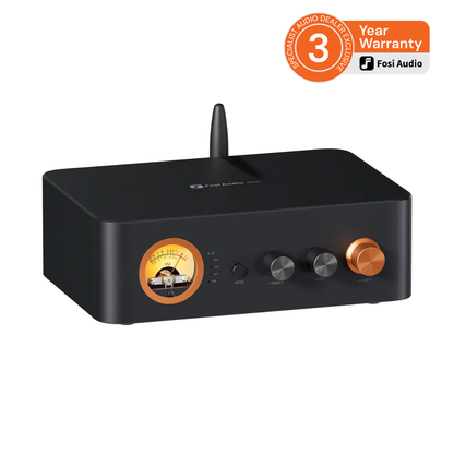 Fosi Audio Fosi One portable audio receiver with an antenna, featuring a black body, analog VU meter, two control knobs (one silver, one copper), and a '3 Year Warranty' badge overlay in the top right corner.