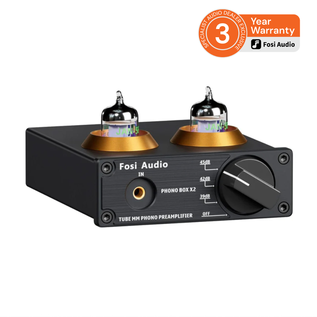 Fosi Audio Box X2 Tube Phono Preamplifier with 3 year warranty badge