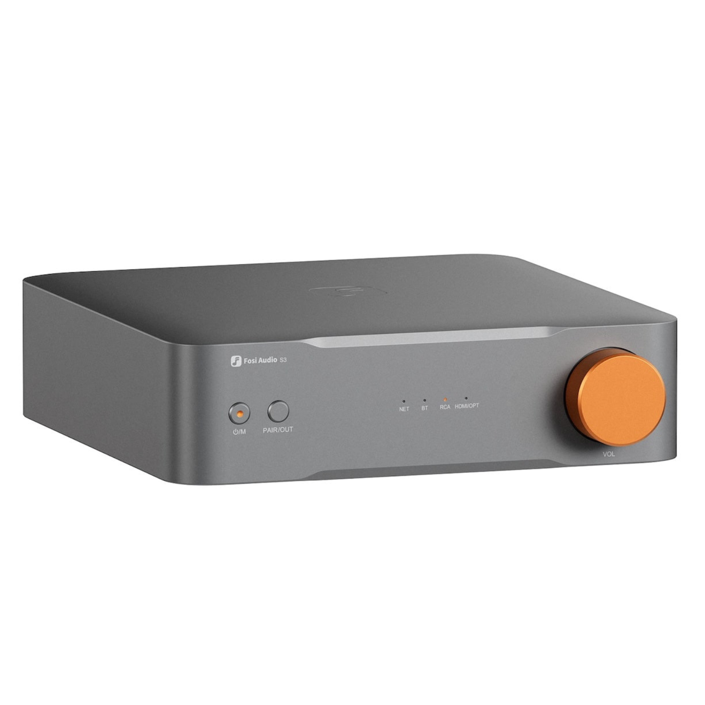 Front angle of Fosi Audio S3 Balanced HiFi DAC Streamer on white background