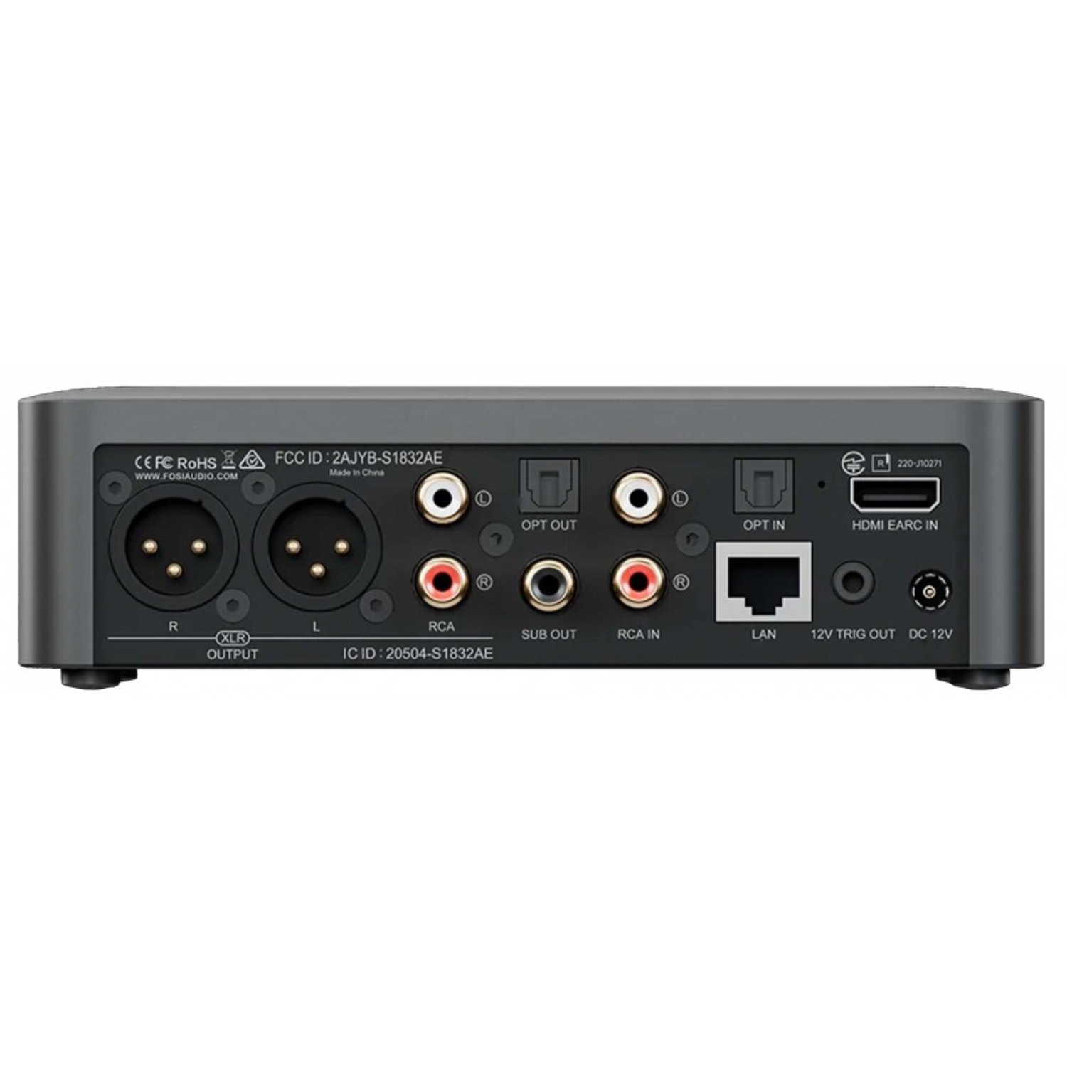 The rear panel of a dark gray audio device, featuring XLR outputs, RCA inputs, an optical output, LAN port, and USB-C port, on a solid white background.