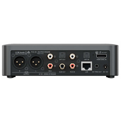 The rear panel of a dark gray audio device, featuring XLR outputs, RCA inputs, an optical output, LAN port, and USB-C port, on a solid white background.