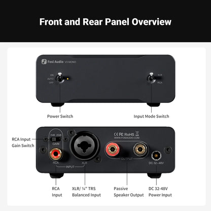 Fosi Audio V3 Mono Power Amplifier front and back view