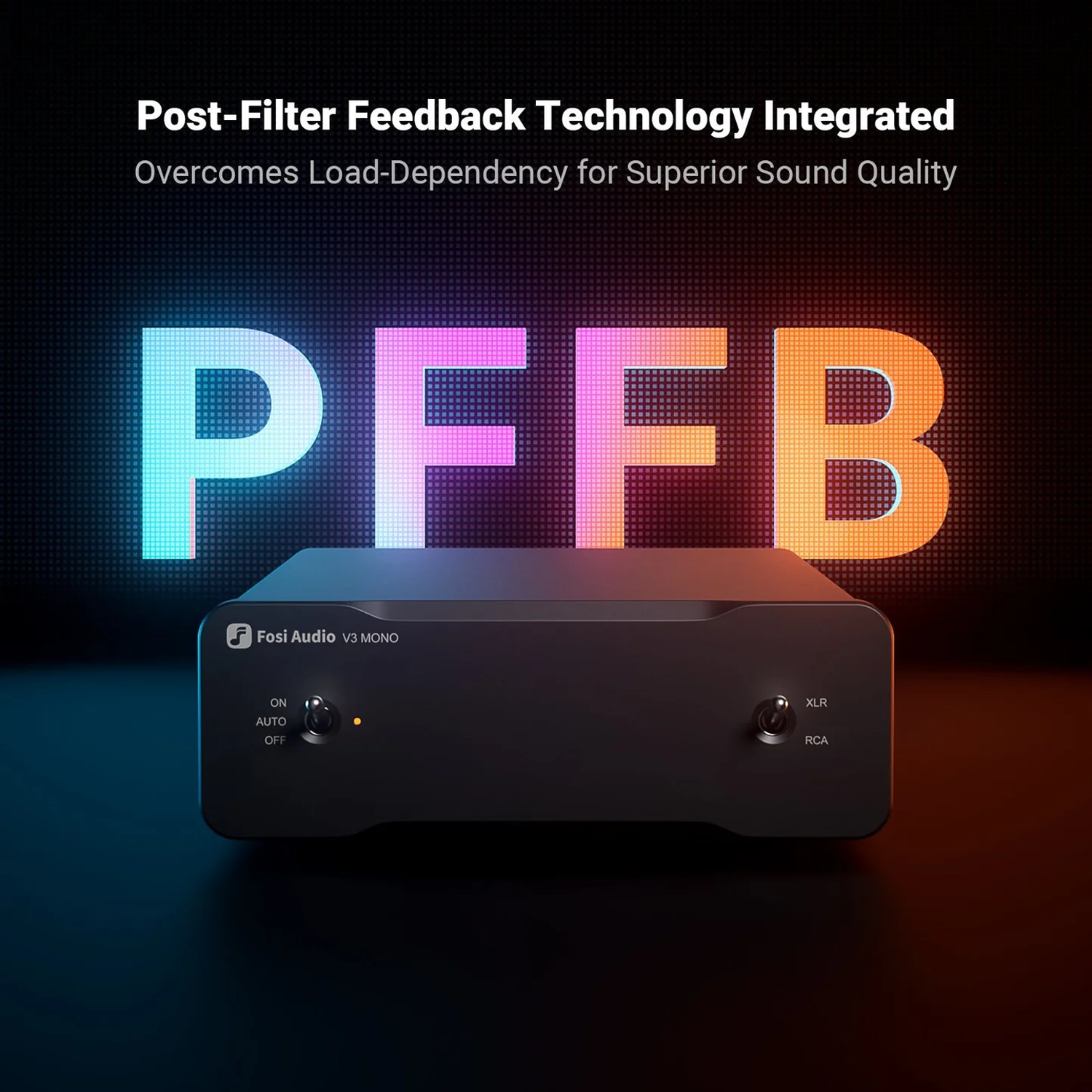 Fosi Audio V3 Mono Power Amplifier with text saying Post Filter Feedback Technology