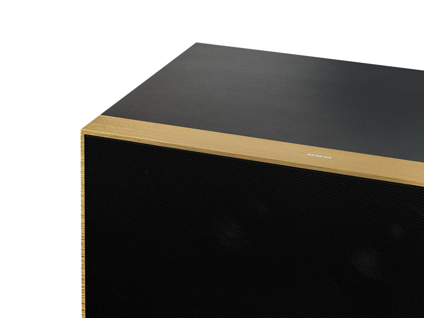 Close up of black Geneva DeCon/XL Speaker on white background